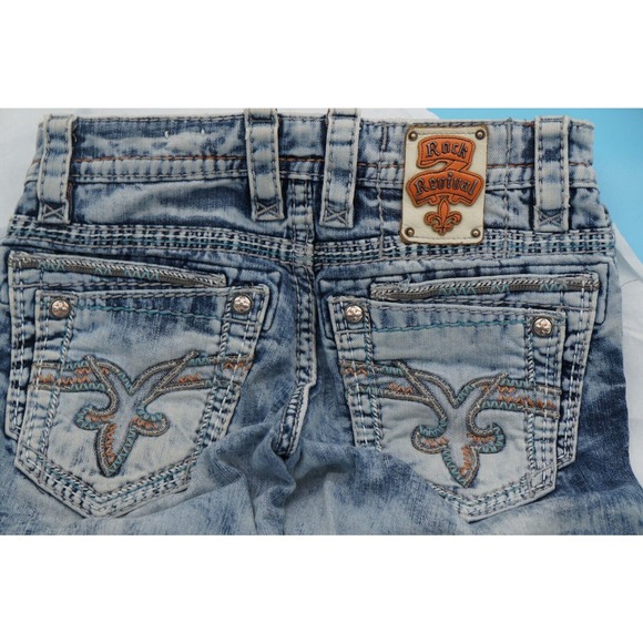 Rock Revival Jeans Mens 31x28 Blue Felix Slim Straight Acid Wash Y2K Distressed - Picture 7 of 8